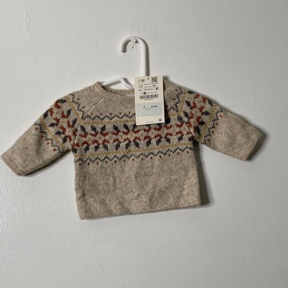 Baby Fair Isle Knit Sweater - Beige with Rust & Navy Pattern